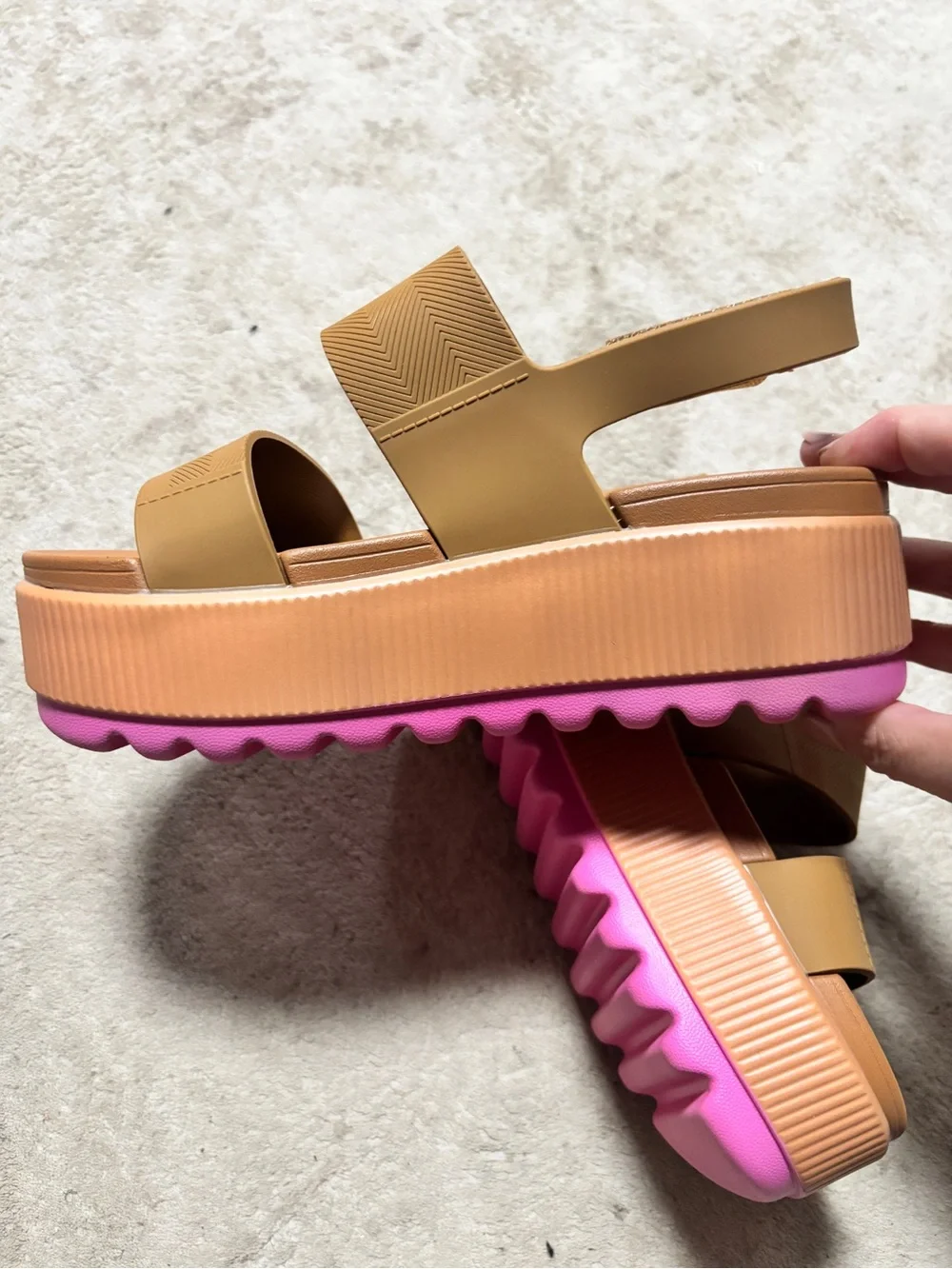 Platform Slide Sandals in Tan with Pink Sole